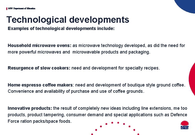 NSW Department of Education Technological developments Examples of technological developments include: Household microwave ovens: