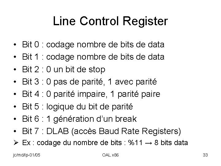 Line Control Register • • Bit 0 : codage nombre de bits de data