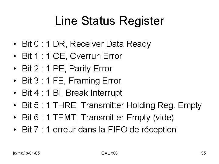 Line Status Register • • Bit 0 : 1 DR, Receiver Data Ready Bit