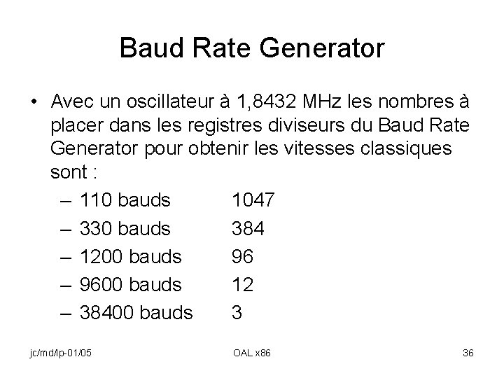 Baud Rate Generator • Avec un oscillateur à 1, 8432 MHz les nombres à