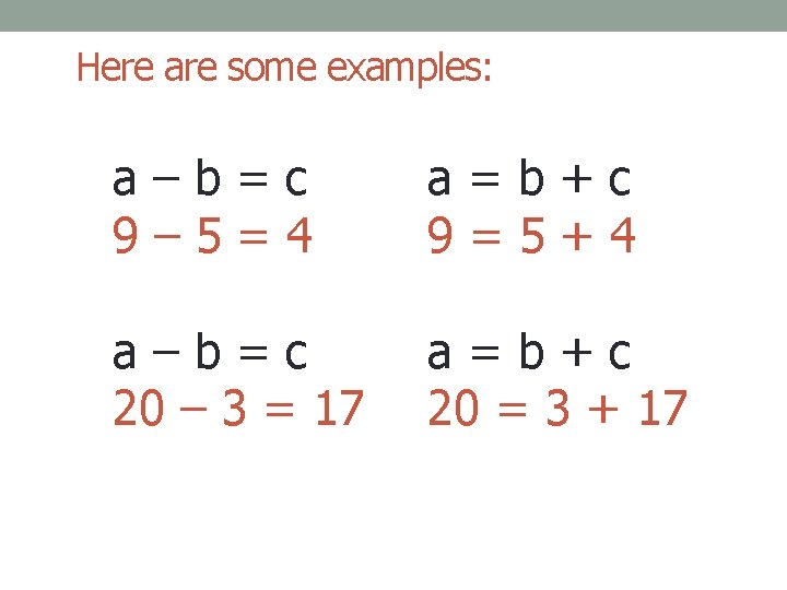 Here are some examples: a–b=c 9– 5=4 a=b+c 9=5+4 a–b=c 20 – 3 =