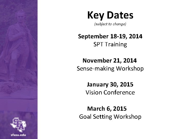 Key Dates (subject to change) September 18 -19, 2014 SPT Training November 21, 2014