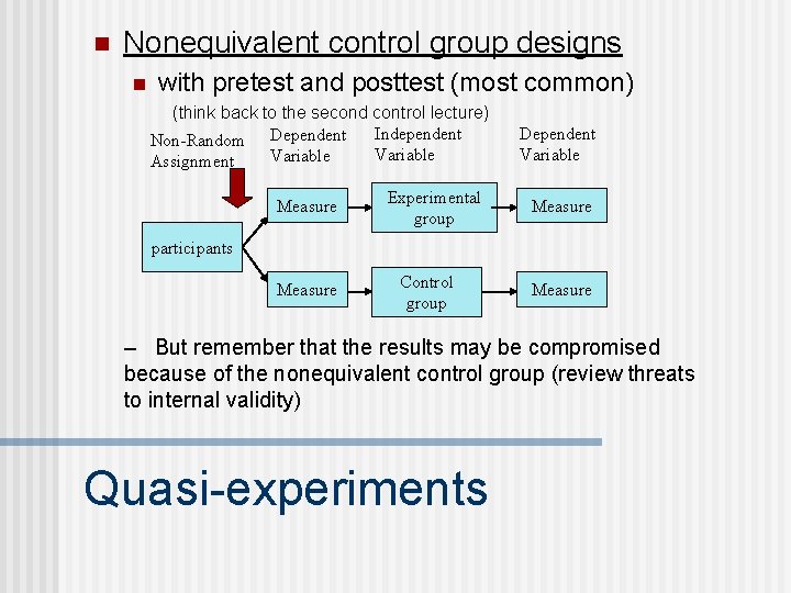 n Nonequivalent control group designs n with pretest and posttest (most common) (think back n Nonequivalent control group designs n with pretest and posttest (most common) (think back