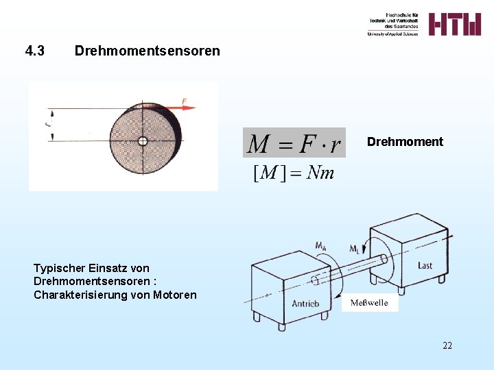 4. 3 Drehmomentsensoren Drehmoment Typischer Einsatz von Drehmomentsensoren : Charakterisierung von Motoren 22 4. 3 Drehmomentsensoren Drehmoment Typischer Einsatz von Drehmomentsensoren : Charakterisierung von Motoren 22