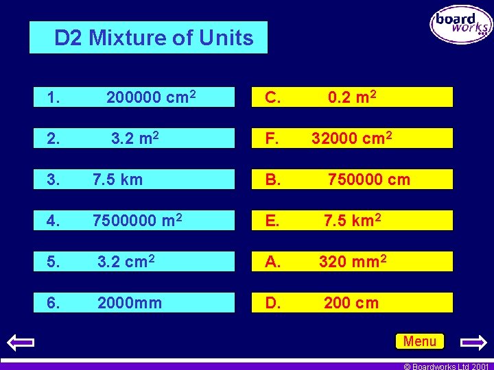 D 2 Mixture of Units 1. 200000 cm 2 C. 0. 2 m 2
