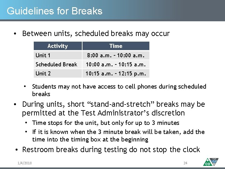 Guidelines for Breaks • Between units, scheduled breaks may occur Activity Time Unit 1