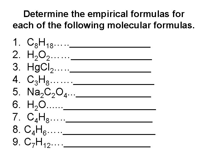 Determine the empirical formulas for each of the following molecular formulas. 1. C 8