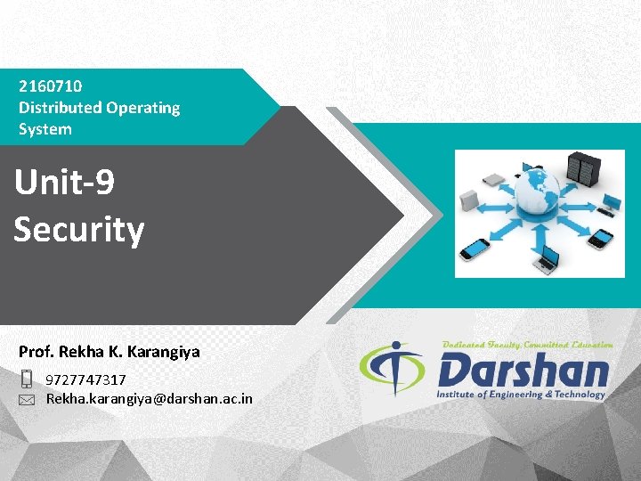 2160710 Distributed Operating System Unit-9 Security Prof. Rekha K. Karangiya 9727747317 Rekha. karangiya@darshan. ac.