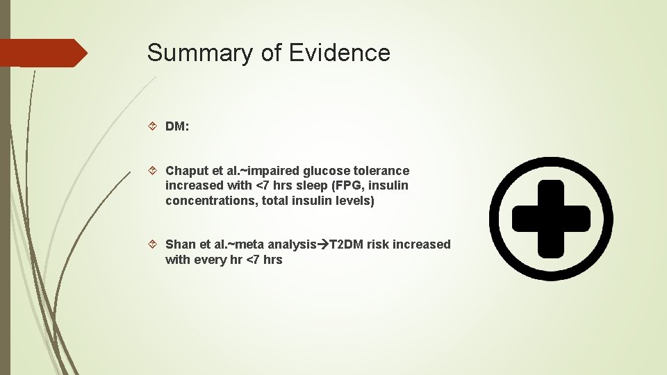 Summary of Evidence DM: Chaput et al. ~impaired glucose tolerance increased with <7 hrs Summary of Evidence DM: Chaput et al. ~impaired glucose tolerance increased with <7 hrs