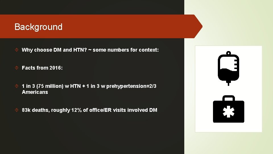 Background Why choose DM and HTN? ~ some numbers for context: Facts from 2016: Background Why choose DM and HTN? ~ some numbers for context: Facts from 2016: