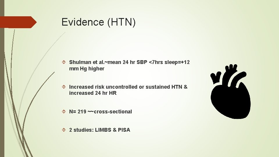Evidence (HTN) Shulman et al. ~mean 24 hr SBP <7 hrs sleep=+12 mm Hg Evidence (HTN) Shulman et al. ~mean 24 hr SBP <7 hrs sleep=+12 mm Hg