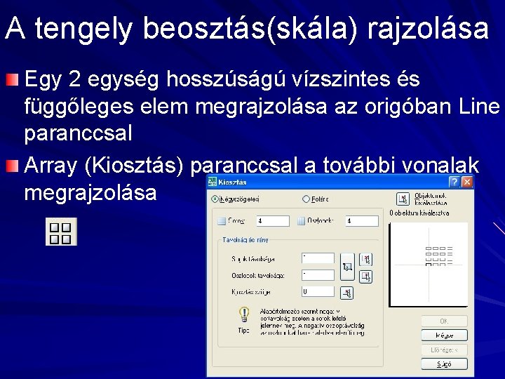 A tengely beosztás(skála) rajzolása Egy 2 egység hosszúságú vízszintes és függőleges elem megrajzolása az