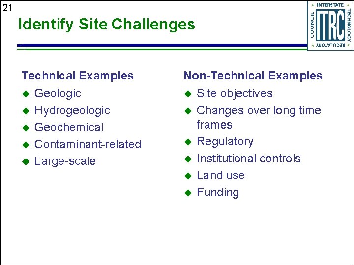 21 Identify Site Challenges Technical Examples u u u Geologic Hydrogeologic Geochemical Contaminant-related Large-scale