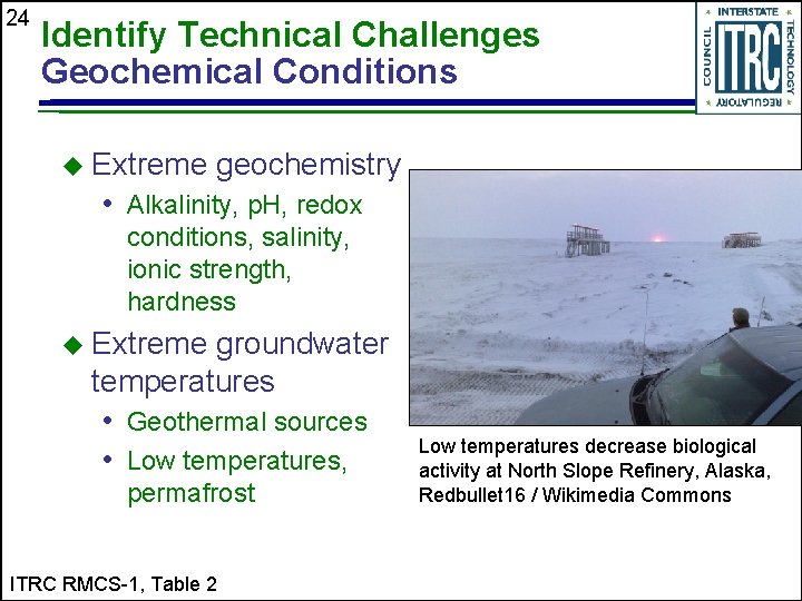 24 Identify Technical Challenges Geochemical Conditions u Extreme geochemistry • Alkalinity, p. H, redox