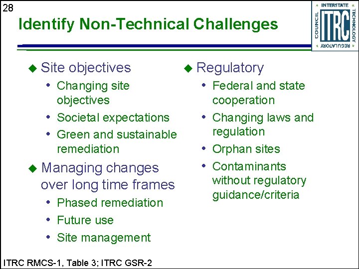 28 Identify Non-Technical Challenges u Site objectives u Regulatory • Changing site • Federal