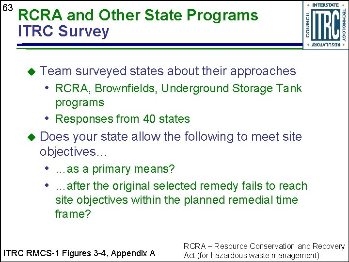 63 RCRA and Other State Programs ITRC Survey u Team surveyed states about their