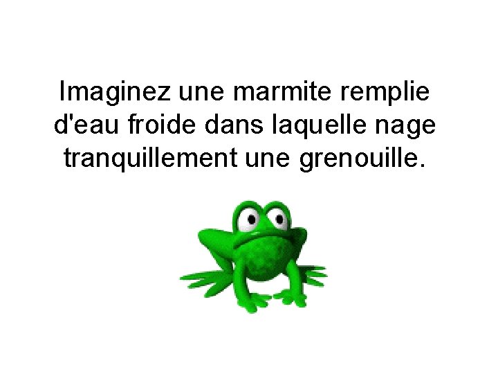 Imaginez une marmite remplie d'eau froide dans laquelle nage tranquillement une grenouille. 