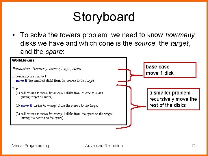 Storyboard • To solve the towers problem, we need to know howmany disks we