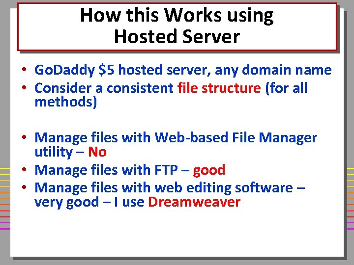 How this Works using Hosted Server • Go. Daddy $5 hosted server, any domain