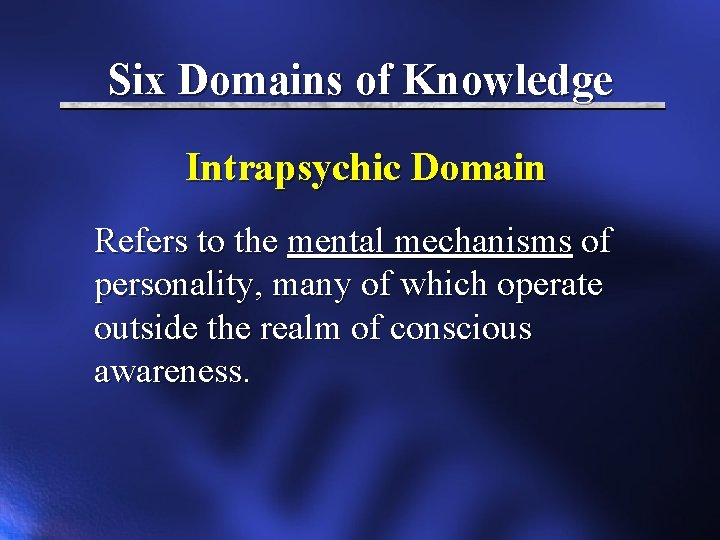 Six Domains of Knowledge Intrapsychic Domain Refers to the mental mechanisms of personality, many