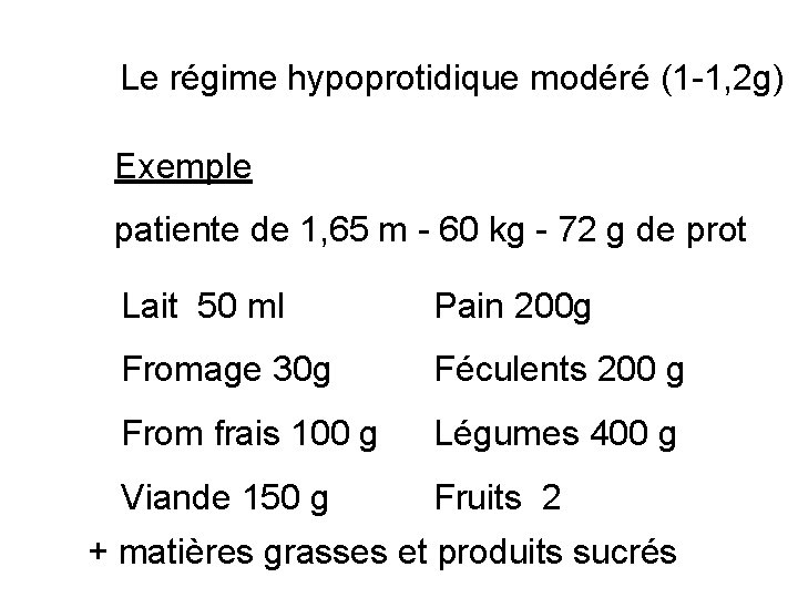 Le régime hypoprotidique modéré (1 -1, 2 g) Exemple patiente de 1, 65 m