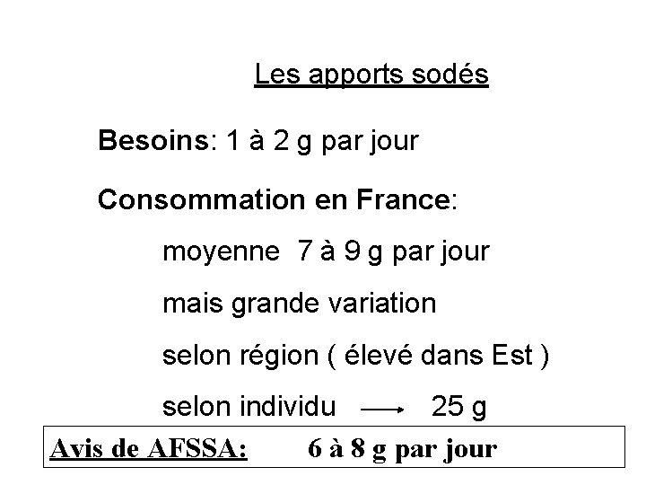 Les apports sodés Besoins: 1 à 2 g par jour Consommation en France: moyenne