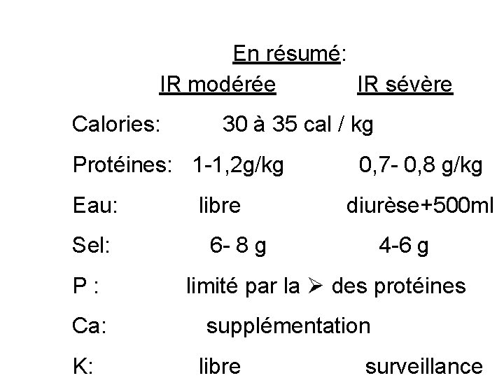 En résumé: IR modérée IR sévère Calories: 30 à 35 cal / kg Protéines: