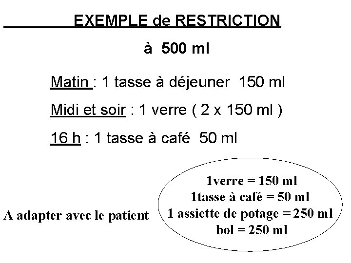 EXEMPLE de RESTRICTION à 500 ml Matin : 1 tasse à déjeuner 150 ml
