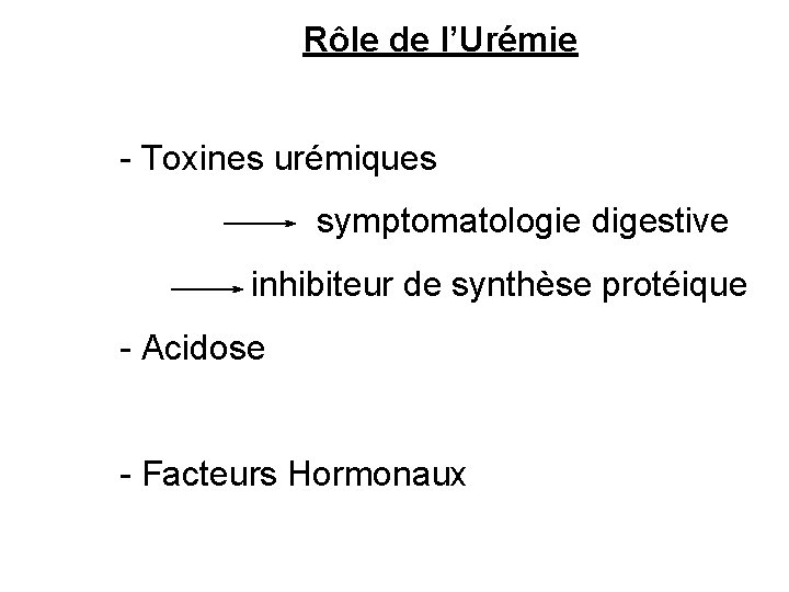 Rôle de l’Urémie - Toxines urémiques symptomatologie digestive inhibiteur de synthèse protéique - Acidose