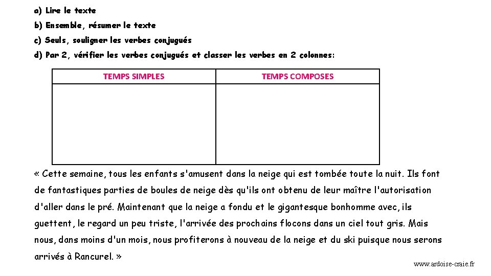 a) Lire le texte b) Ensemble, résumer le texte c) Seuls, souligner les verbes