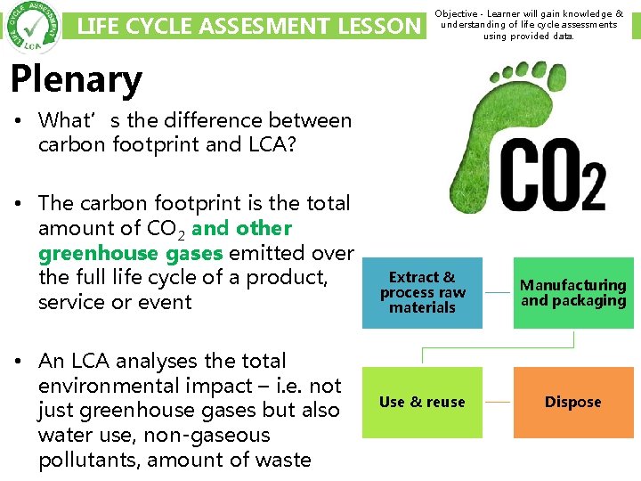 LIFE CYCLE ASSESMENT LESSON Objective - Learner will gain knowledge & understanding of life