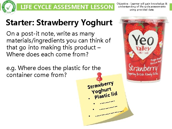 LIFE CYCLE ASSESMENT LESSON Objective - Learner will gain knowledge & understanding of life