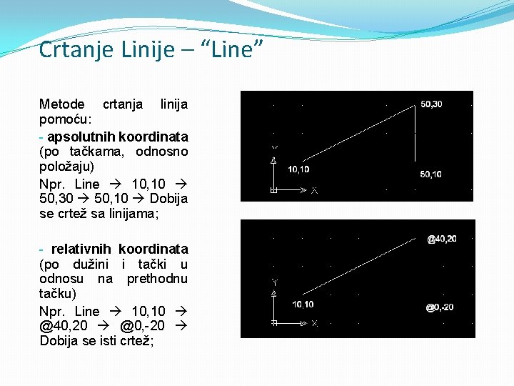 Crtanje Linije – “Line” Metode crtanja linija pomoću: - apsolutnih koordinata (po tačkama, odnosno