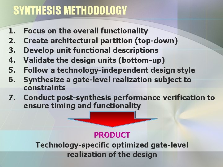 SYNTHESIS METHODOLOGY 1. 2. 3. 4. 5. 6. 7. Focus on the overall functionality