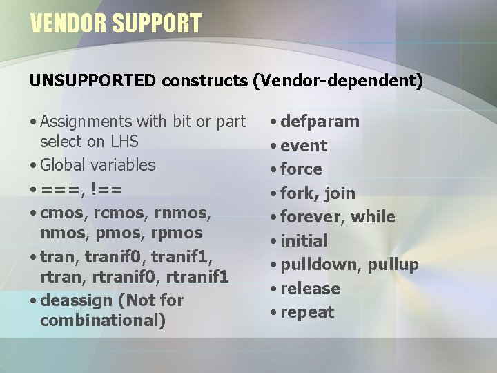 VENDOR SUPPORT UNSUPPORTED constructs (Vendor-dependent) • Assignments with bit or part select on LHS