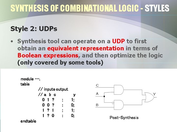 SYNTHESIS OF COMBINATIONAL LOGIC - STYLES Style 2: UDPs • Synthesis tool can operate