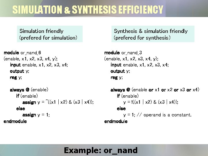 SIMULATION & SYNTHESIS EFFICIENCY Simulation friendly (prefered for simulation) Synthesis & simulation friendly (prefered