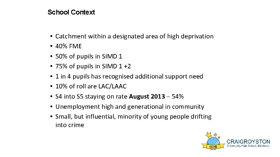 School Context • • • Catchment within a designated area of high deprivation 40%