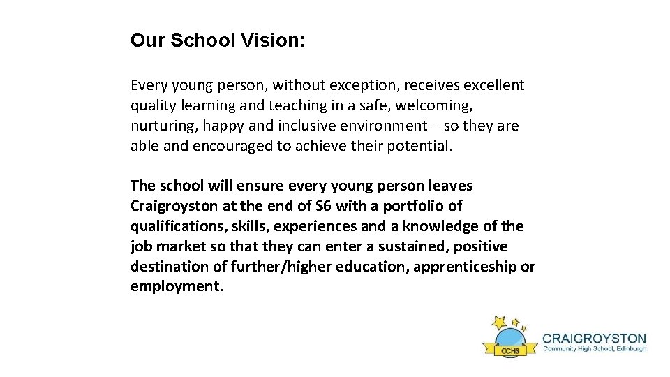 Our School Vision: Every young person, without exception, receives excellent quality learning and teaching