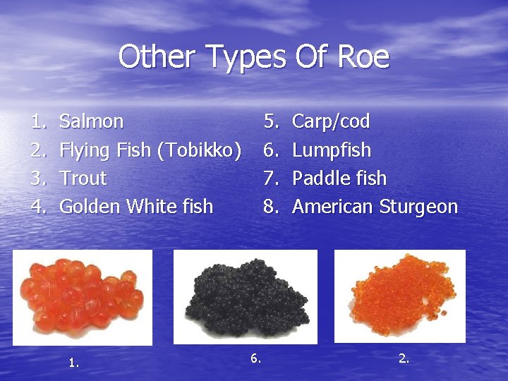 Other Types Of Roe 1. 2. 3. 4. Salmon Flying Fish (Tobikko) Trout Golden