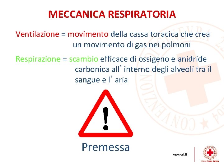 MECCANICA RESPIRATORIA Ventilazione = movimento della cassa toracica che crea un movimento di gas