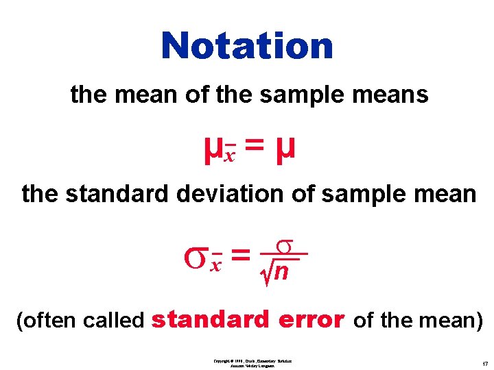 Notation the mean of the sample means µx = µ the standard deviation of