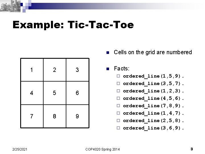 Example: Tic-Tac-Toe 1 2 3 n Cells on the grid are numbered n Facts: