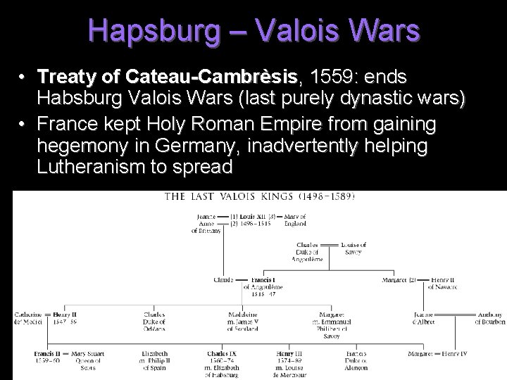 Hapsburg – Valois Wars • Treaty of Cateau-Cambrèsis, 1559: ends Habsburg Valois Wars (last