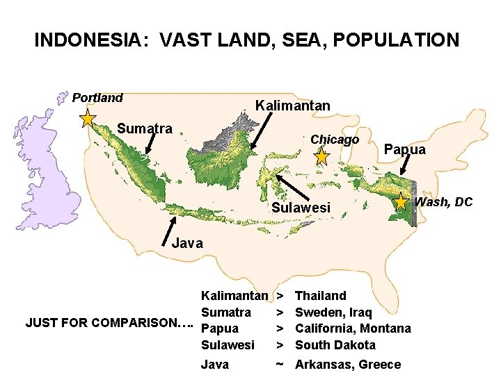 INDONESIA: VAST LAND, SEA, POPULATION Portland Kalimantan Sumatra Chicago Sulawesi Papua Wash, DC Java