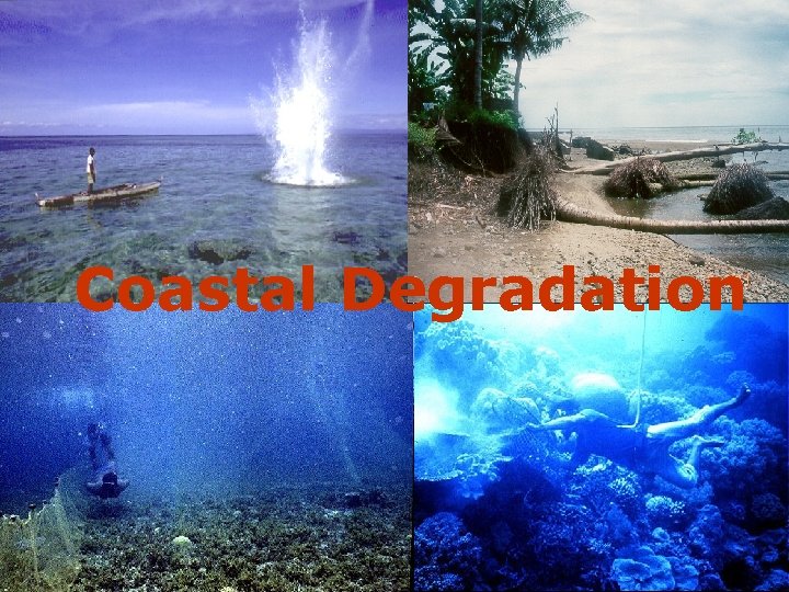 Coastal Degradation Coastal zones have been used for multi-purposes including tourism, fisheries, transportation, mining,