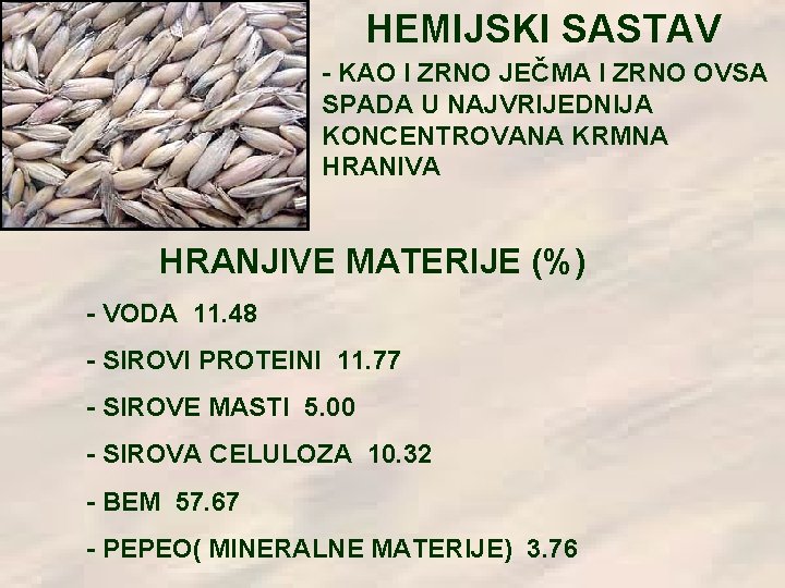 HEMIJSKI SASTAV - KAO I ZRNO JEČMA I ZRNO OVSA SPADA U NAJVRIJEDNIJA KONCENTROVANA