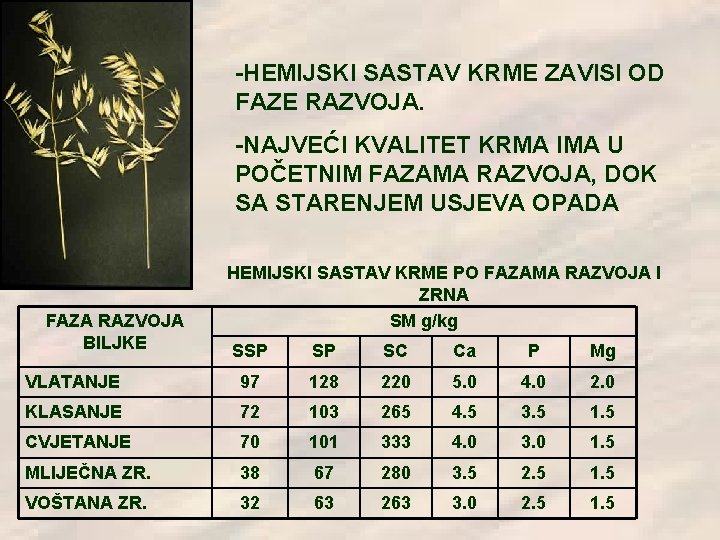 -HEMIJSKI SASTAV KRME ZAVISI OD FAZE RAZVOJA. -NAJVEĆI KVALITET KRMA IMA U POČETNIM FAZAMA