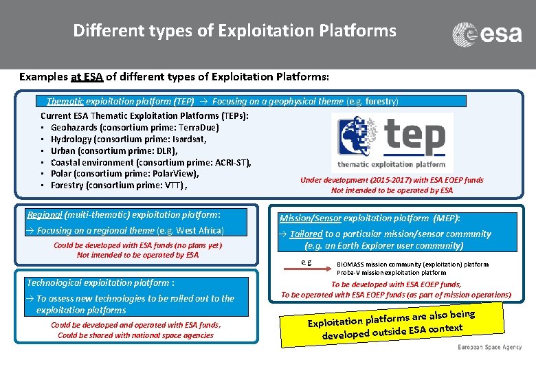 Different types of Exploitation Platforms Examples at ESA of different types of Exploitation Platforms: