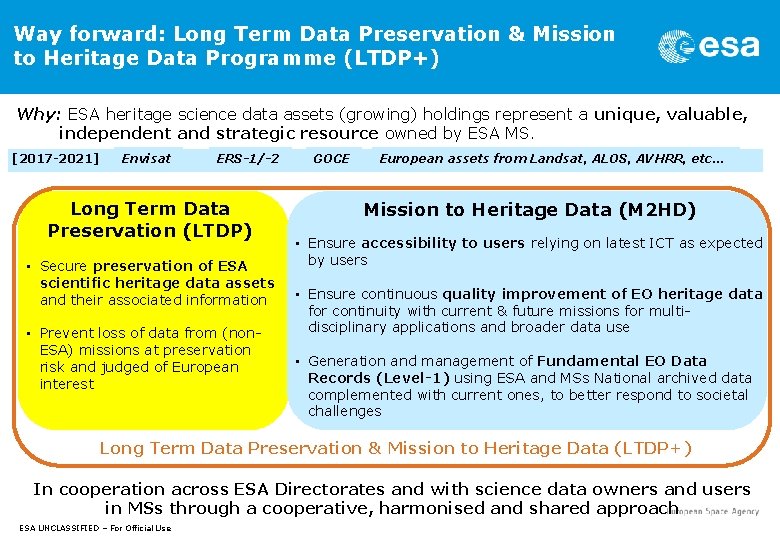 Way forward: Long Term Data Preservation & Mission to Heritage Data Programme (LTDP+) Why: